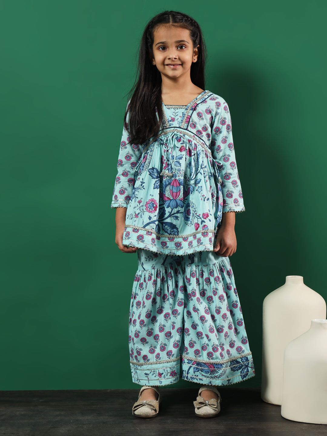 Frock Style Cotton Fabric Turquoise Blue Color Floral Printed Kurti And Sharara With Gotta Work
