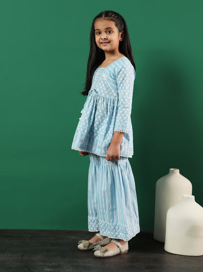 Girls Frock Style Cotton Fabric Grey Color Printed Kurti And Sharara With Gotta Lace Work