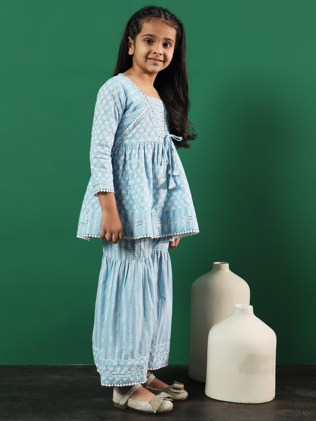 Girls Frock Style Cotton Fabric Grey Color Printed Kurti And Sharara With Gotta Lace Work