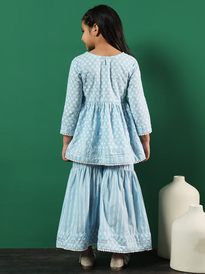 Girls Frock Style Cotton Fabric Grey Color Printed Kurti And Sharara With Gotta Lace Work