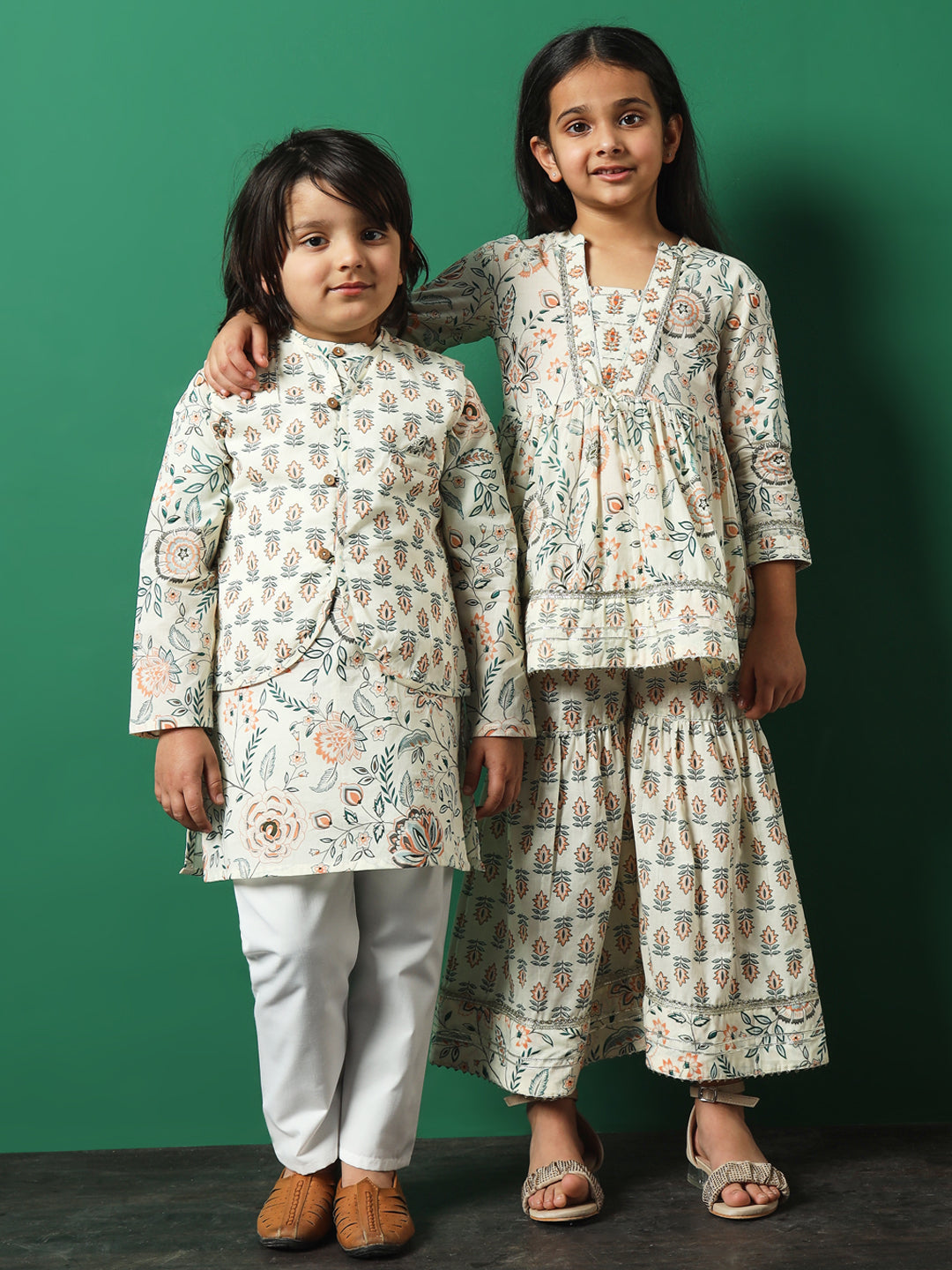 Girls Frock Style Cotton Fabric Orange Color Floral Printed Kurti And Sharara With Gotta Lace Work