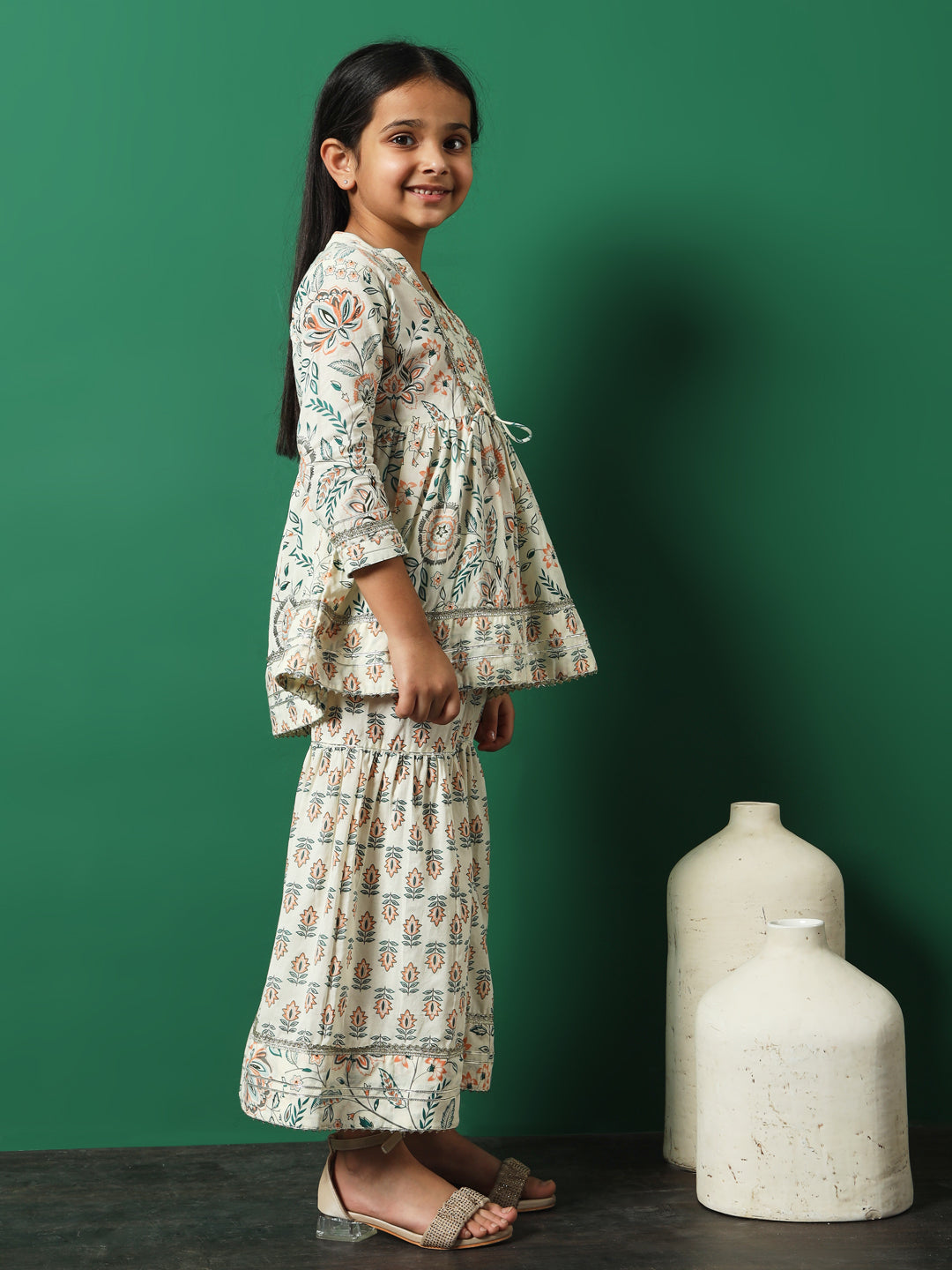 Girls Frock Style Cotton Fabric Orange Color Floral Printed Kurti And Sharara With Gotta Lace Work