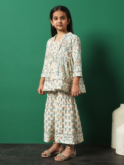 Girls Frock Style Cotton Fabric Orange Color Floral Printed Kurti And Sharara With Gotta Lace Work