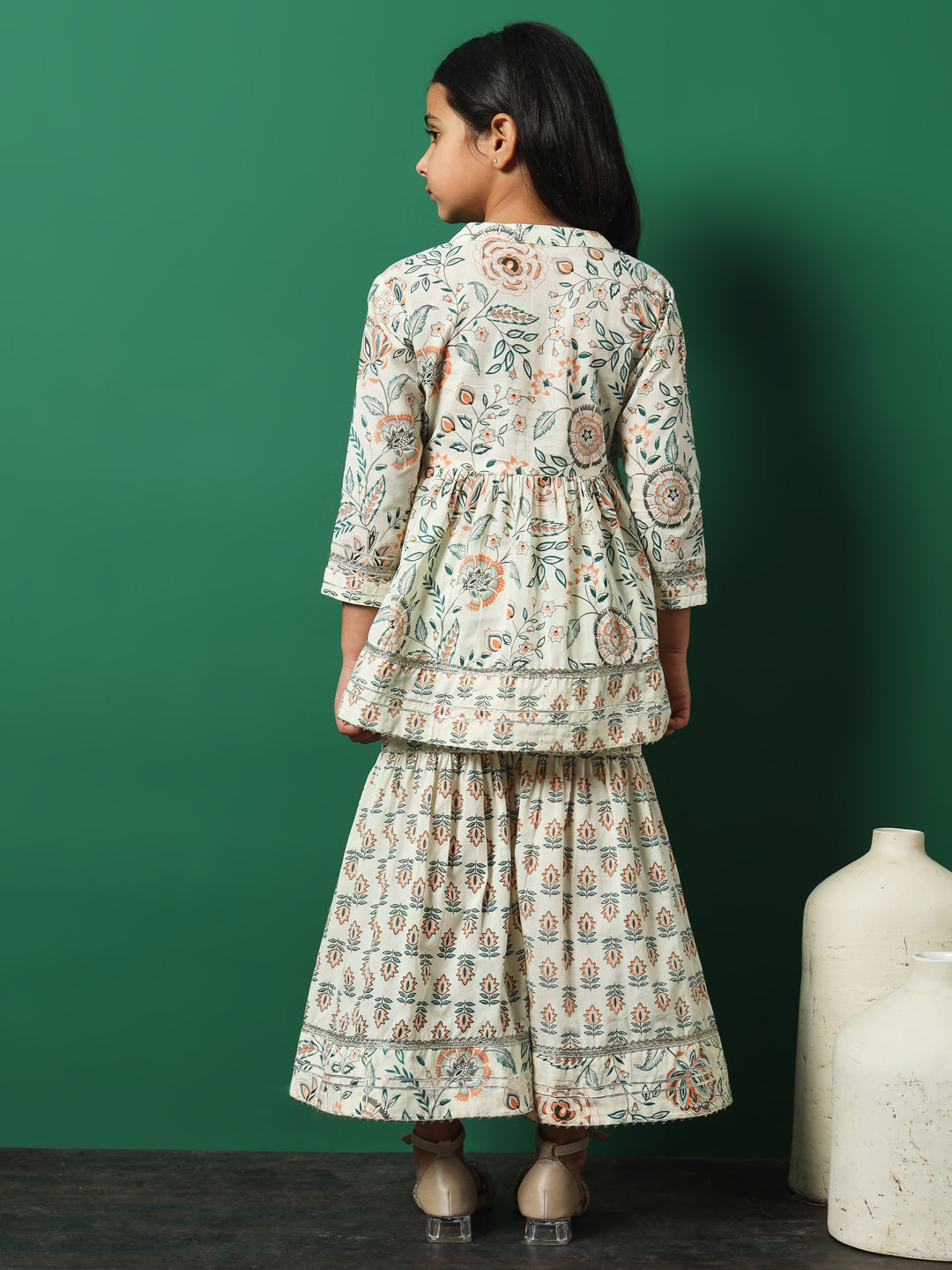 Girls Frock Style Cotton Fabric Orange Color Floral Printed Kurti And Sharara With Gotta Lace Work
