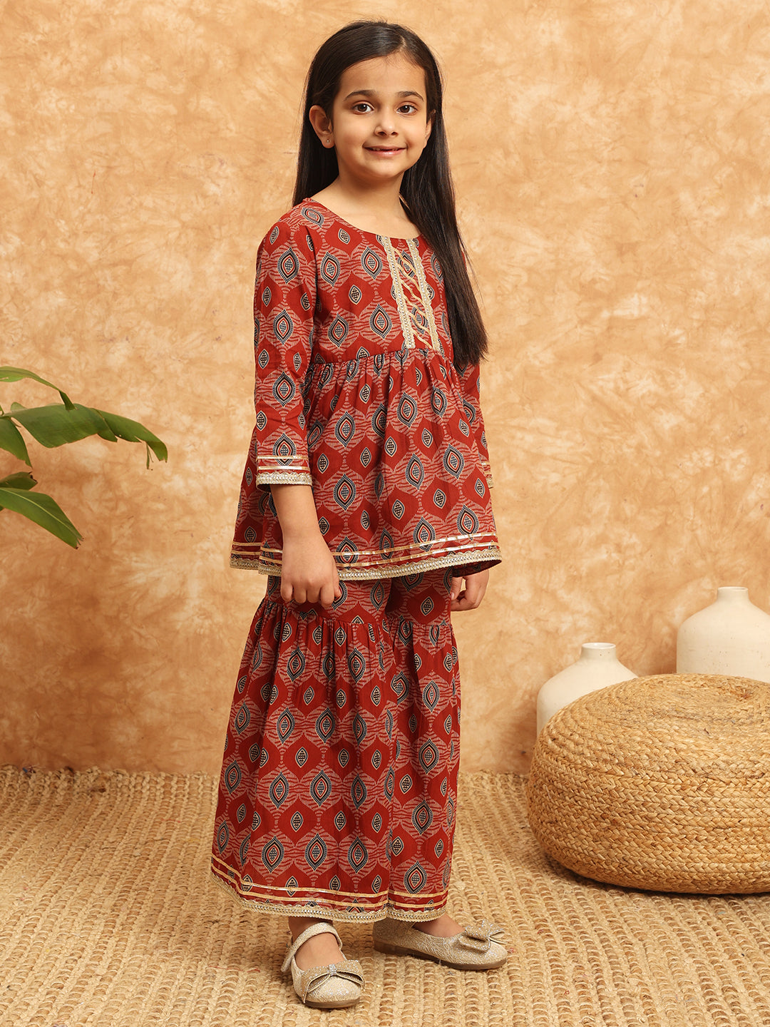 Girls Frock Style Cotton Fabric Maroon Color Printed Kurti And Sharara With Gotta Lace Work
