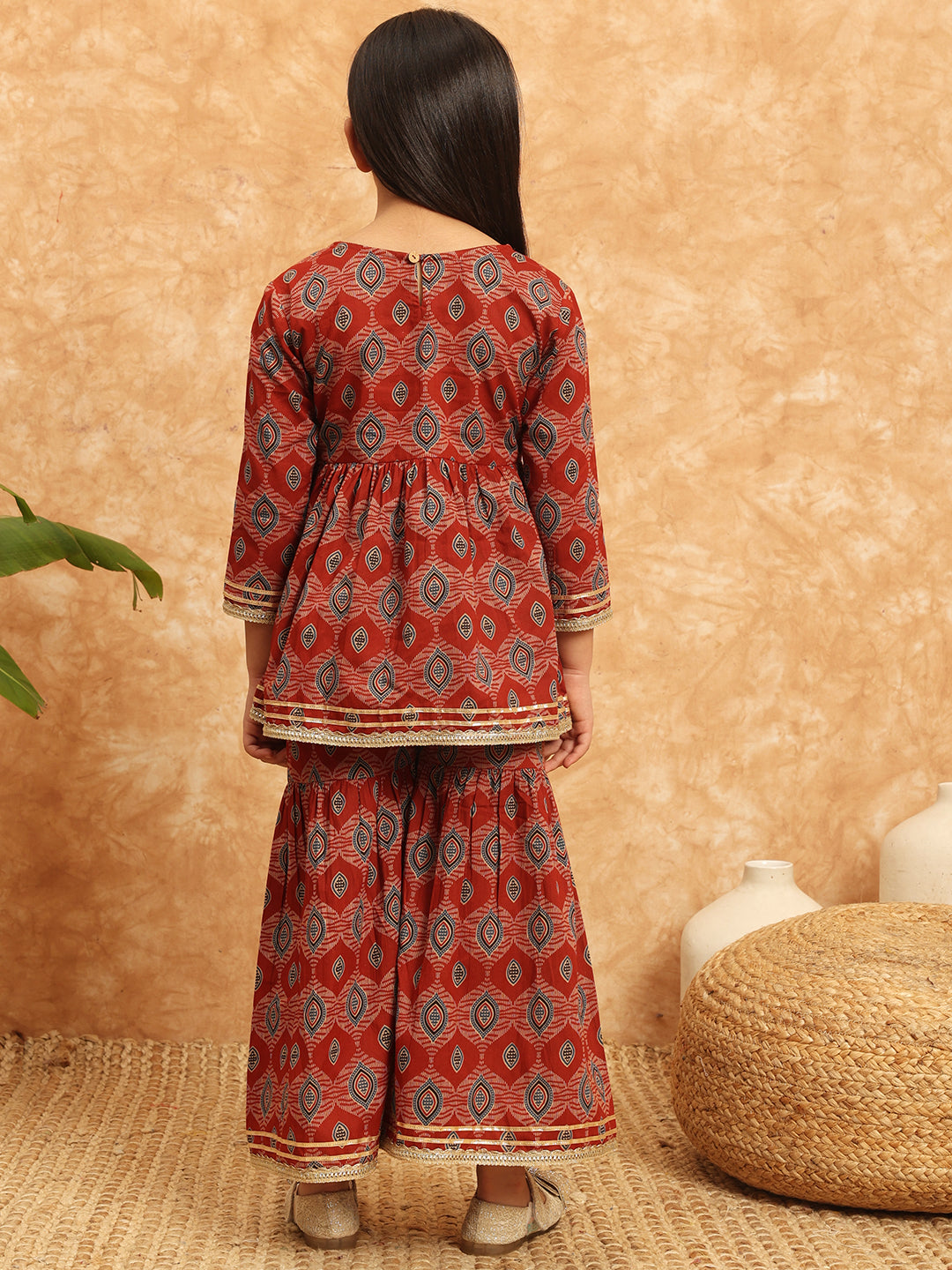 Girls Frock Style Cotton Fabric Maroon Color Printed Kurti And Sharara With Gotta Lace Work