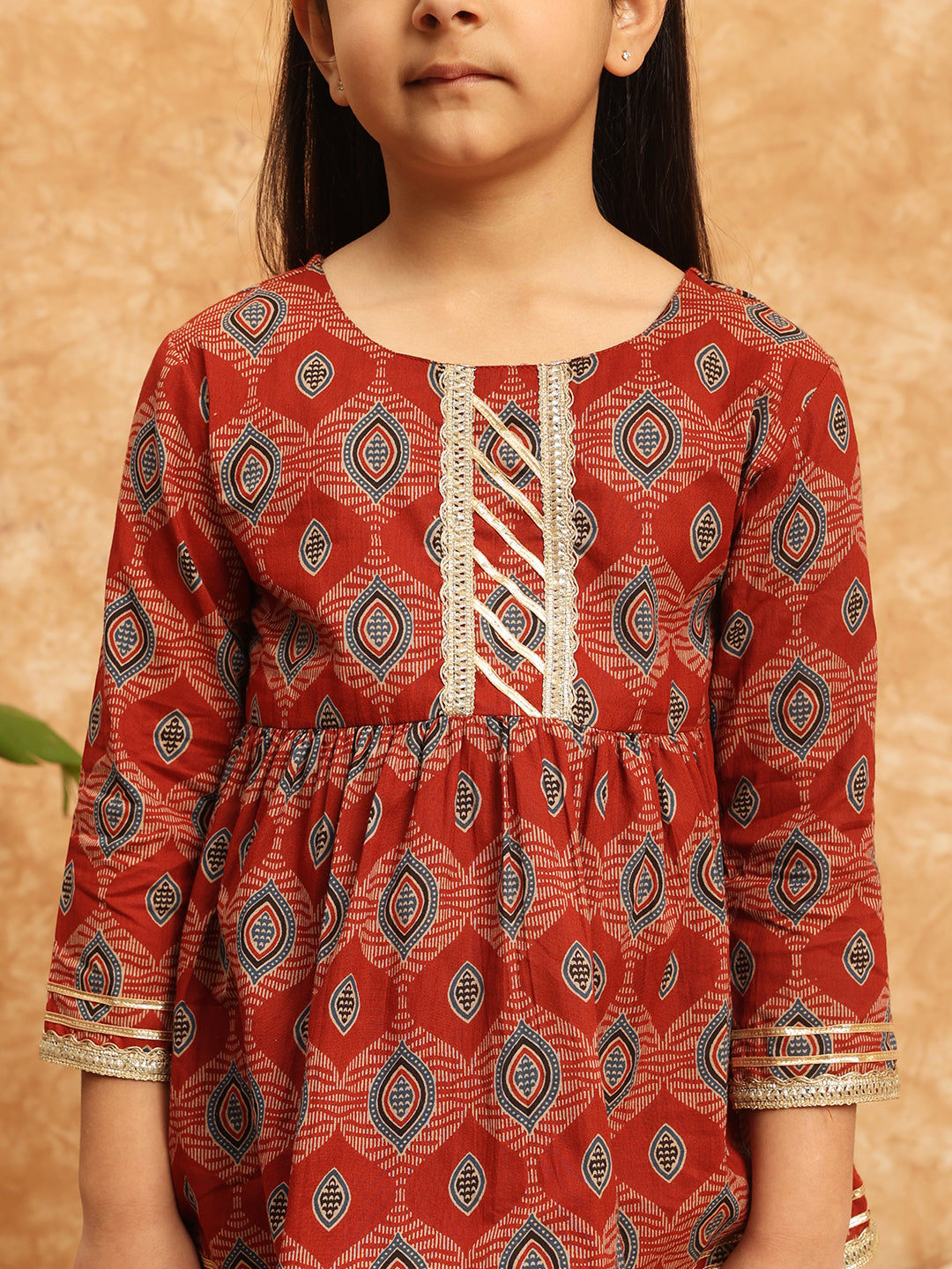 Girls Frock Style Cotton Fabric Maroon Color Printed Kurti And Sharara With Gotta Lace Work