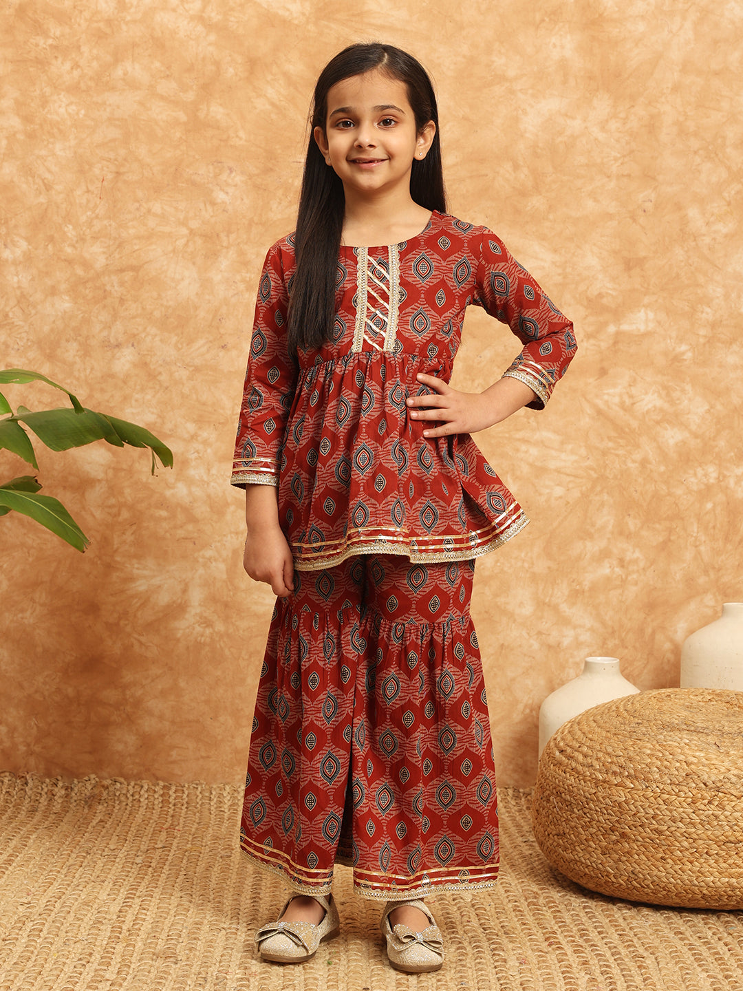 Girls Frock Style Cotton Fabric Maroon Color Printed Kurti And Sharara With Gotta Lace Work
