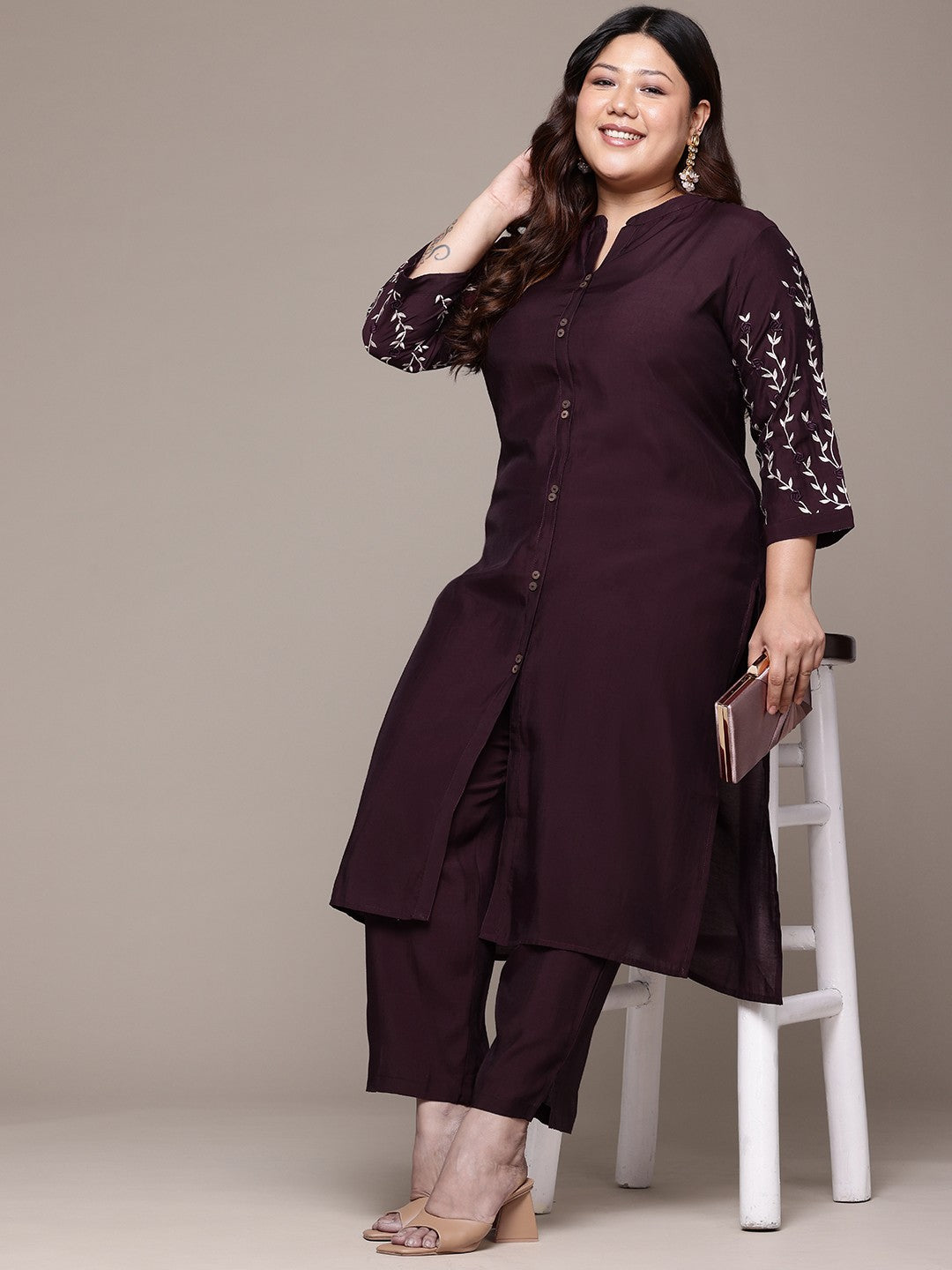 Straight Style Silk Fabric Violet Color Kurta And Bottom