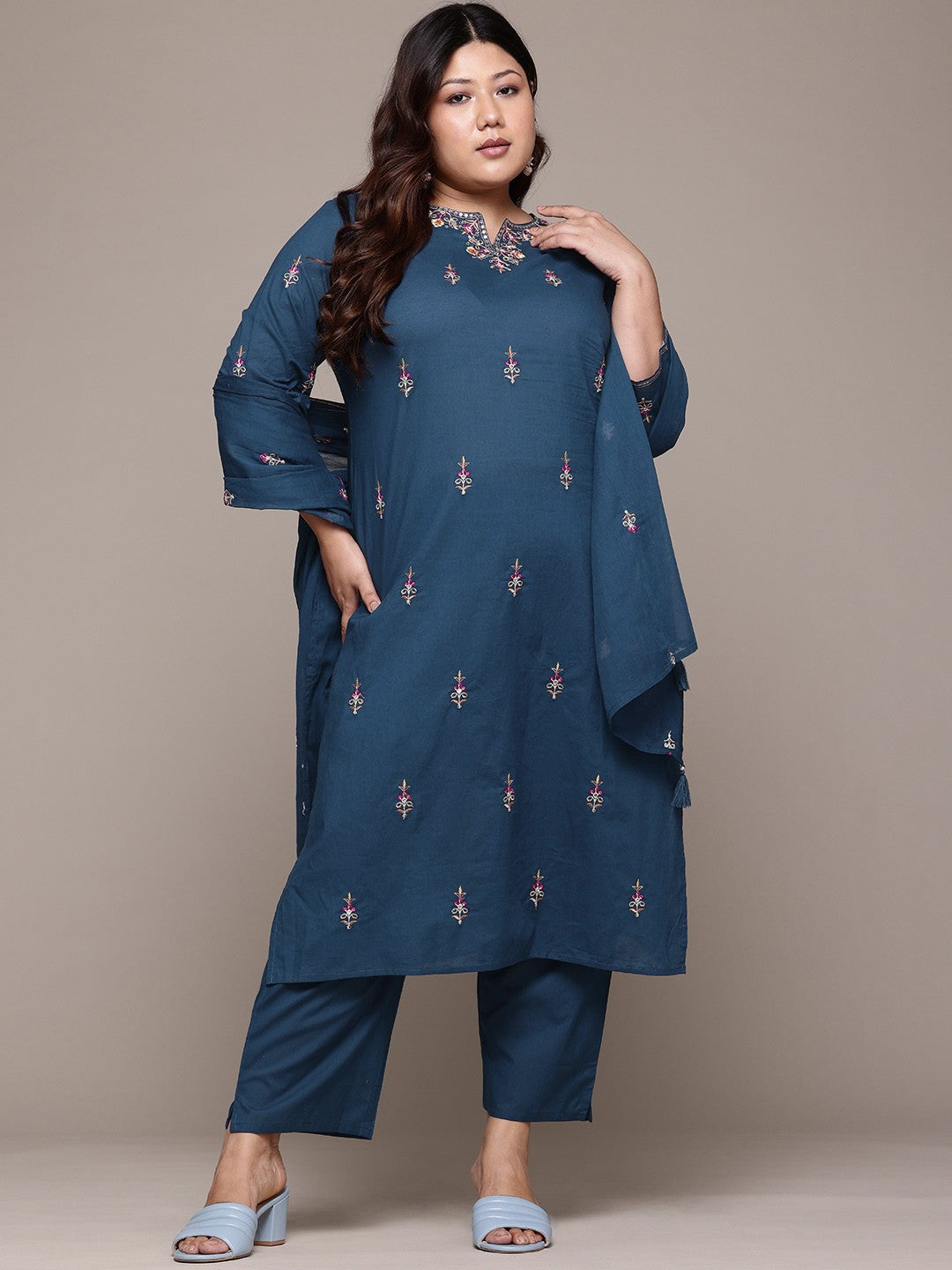 Straight Style Cotton Fabric Navy Blue Color Kurta With Bottom And Dupatta