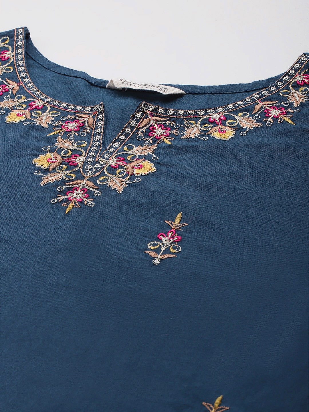 Straight Style Cotton Fabric Navy Blue Color Kurta With Bottom And Dupatta