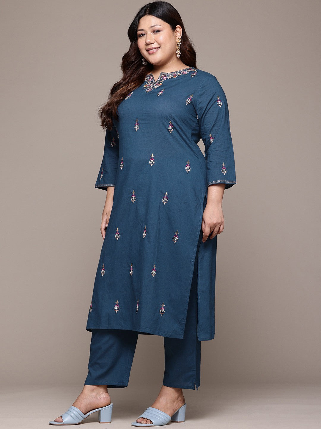 Straight Style Cotton Fabric Navy Blue Color Kurta With Bottom And Dupatta