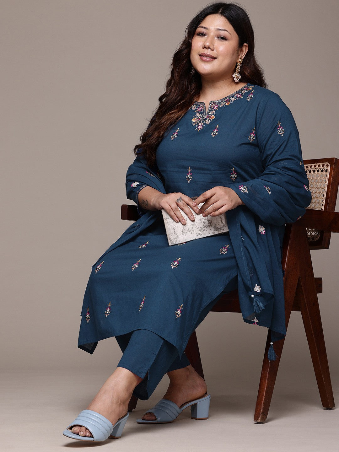 Straight Style Cotton Fabric Navy Blue Color Kurta With Bottom And Dupatta
