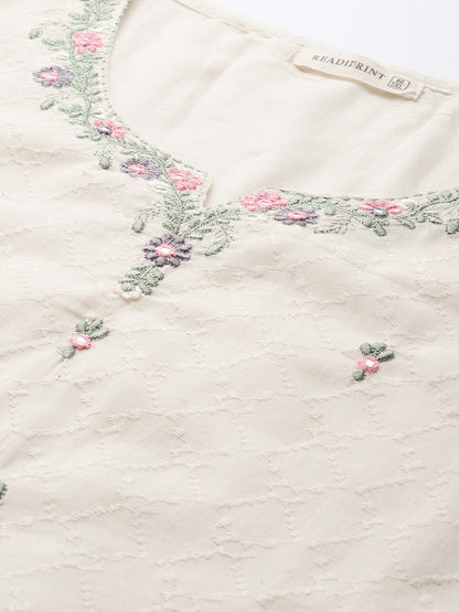 Straight Style Cotton Fabric Off White Color Kurta With Bottom And Dupatta