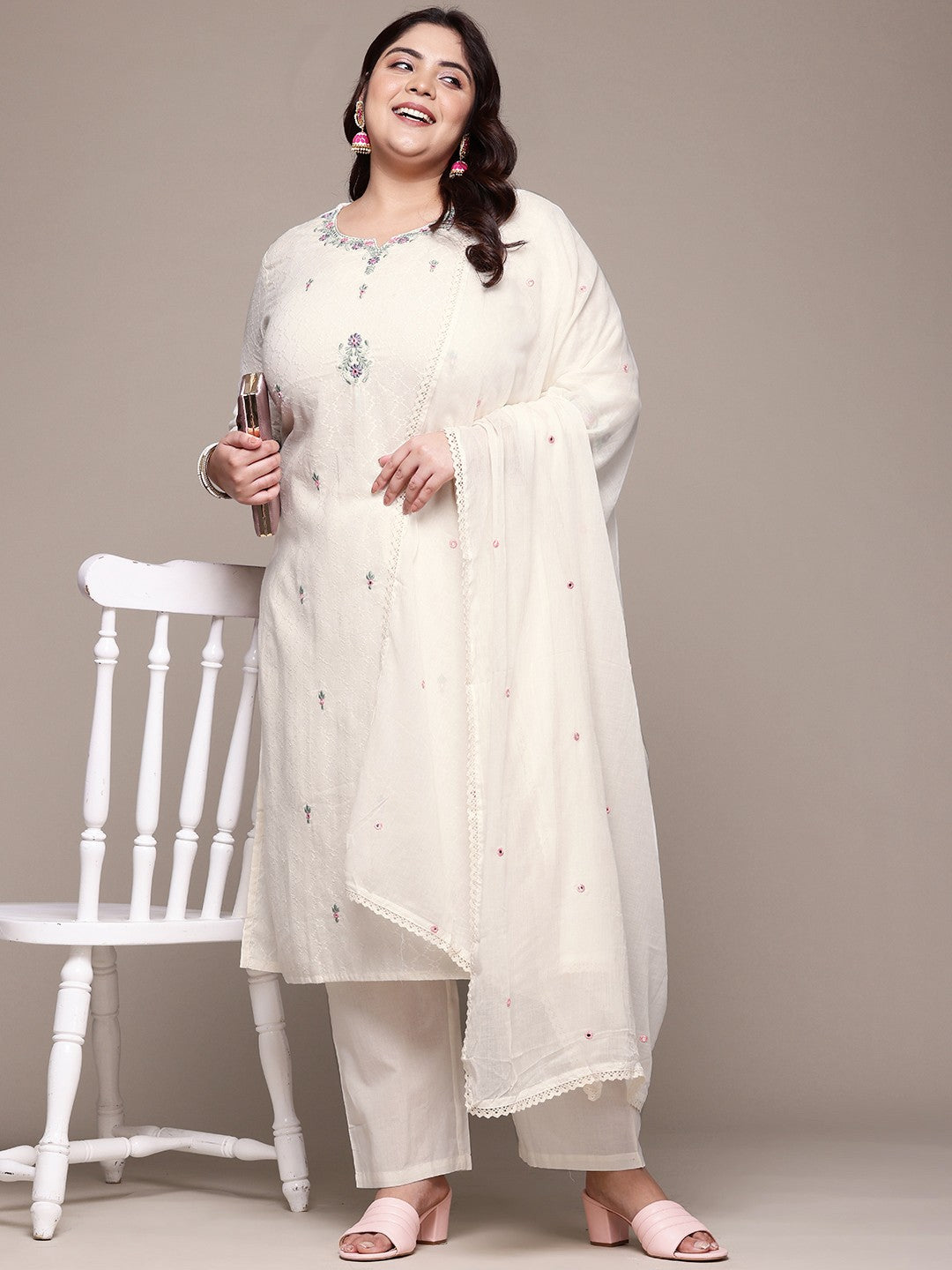 Straight Style Cotton Fabric Off White Color Kurta With Bottom And Dupatta