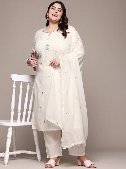 Straight Style Cotton Fabric Off White Color Kurta With Bottom And Dupatta