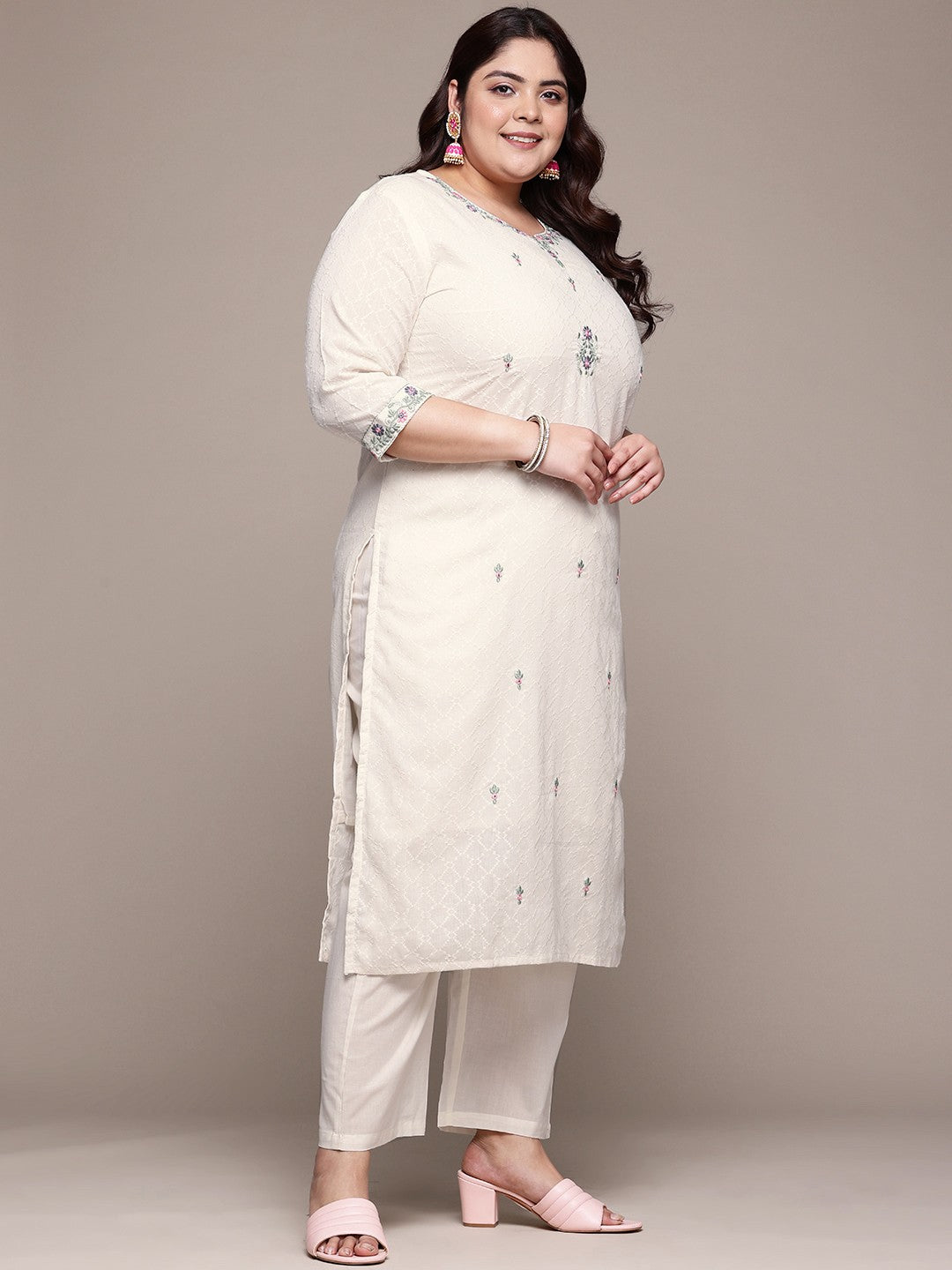 Straight Style Cotton Fabric Off White Color Kurta With Bottom And Dupatta