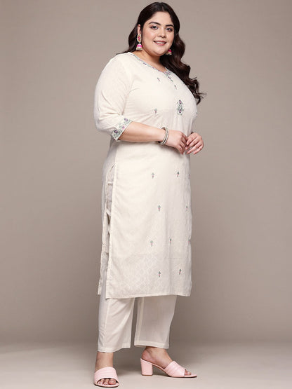 Straight Style Cotton Fabric Off White Color Kurta With Bottom And Dupatta