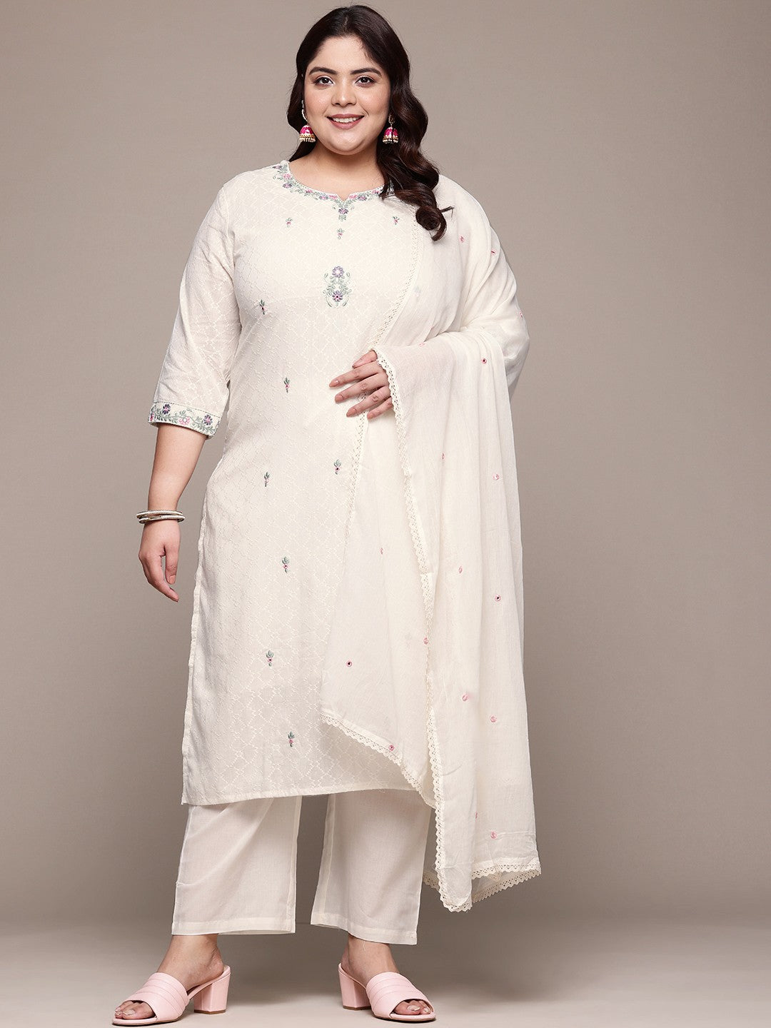 Straight Style Cotton Fabric Off White Color Kurta With Bottom And Dupatta