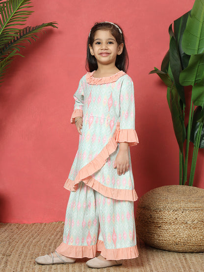 A Line Style Cotton Fabric Green Color Embroidered Kurti And Sharara