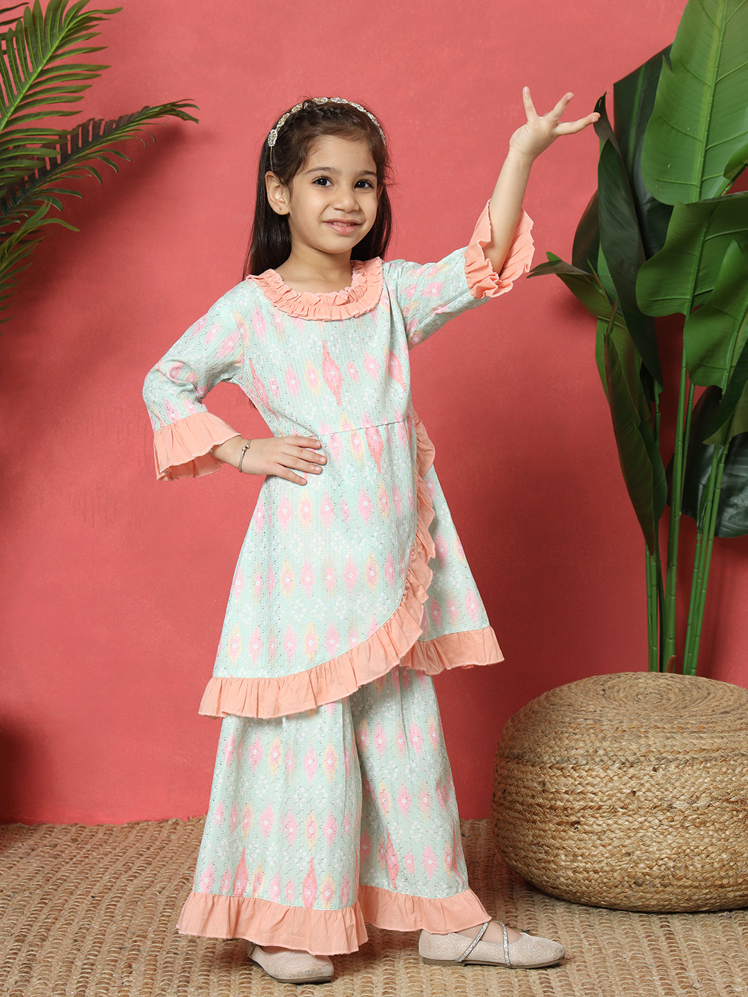 A Line Style Cotton Fabric Green Color Embroidered Kurti And Sharara
