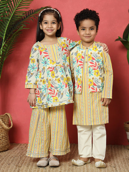 Frock Style Cotton Fabric Yellow Color Floral Printed Kurti And Sharara With Gotta Lace Work