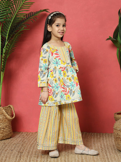 Frock Style Cotton Fabric Yellow Color Floral Printed Kurti And Sharara With Gotta Lace Work