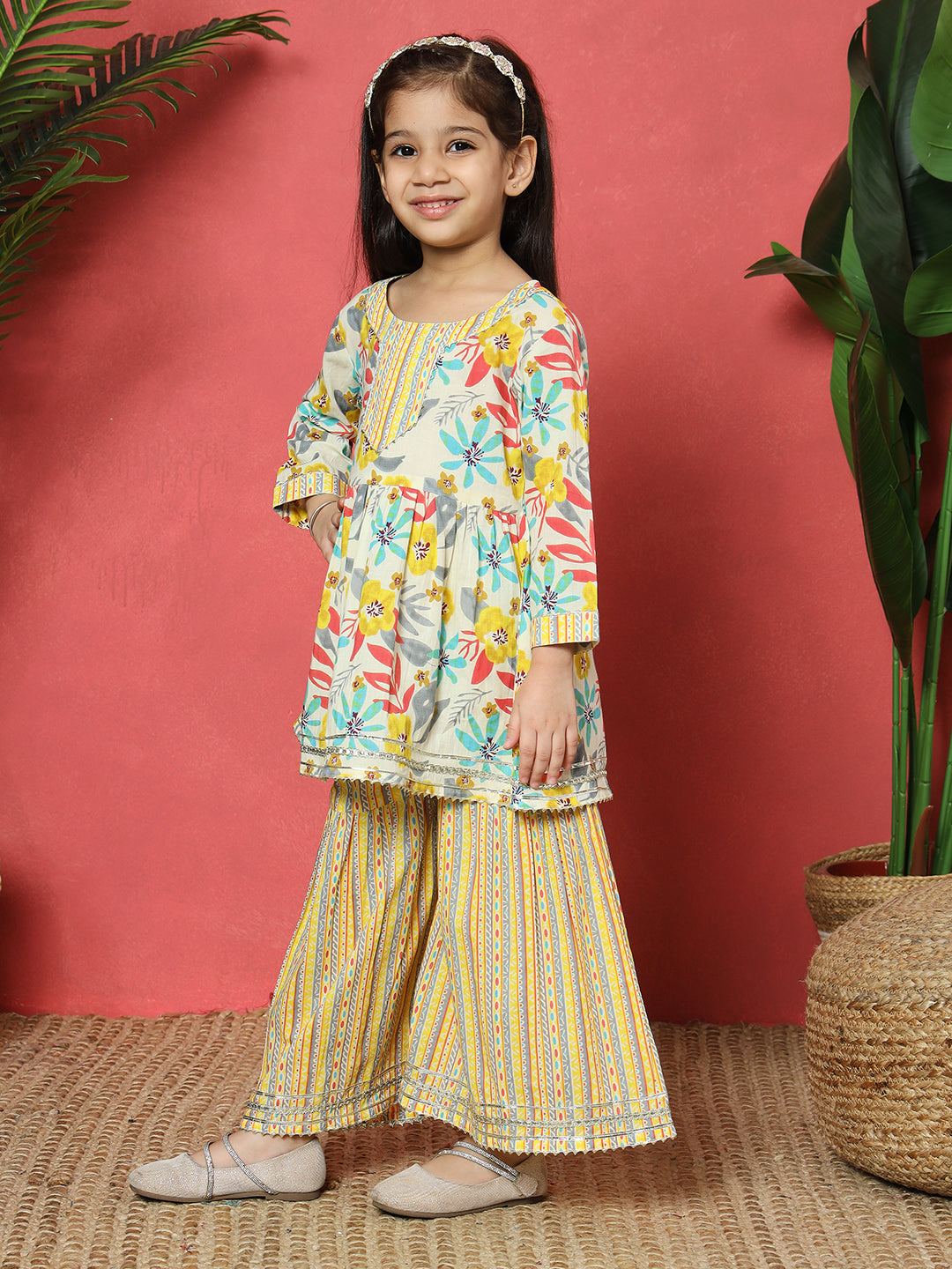 Frock Style Cotton Fabric Yellow Color Floral Printed Kurti And Sharara With Gotta Lace Work