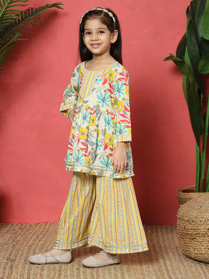 Frock Style Cotton Fabric Yellow Color Floral Printed Kurti And Sharara With Gotta Lace Work