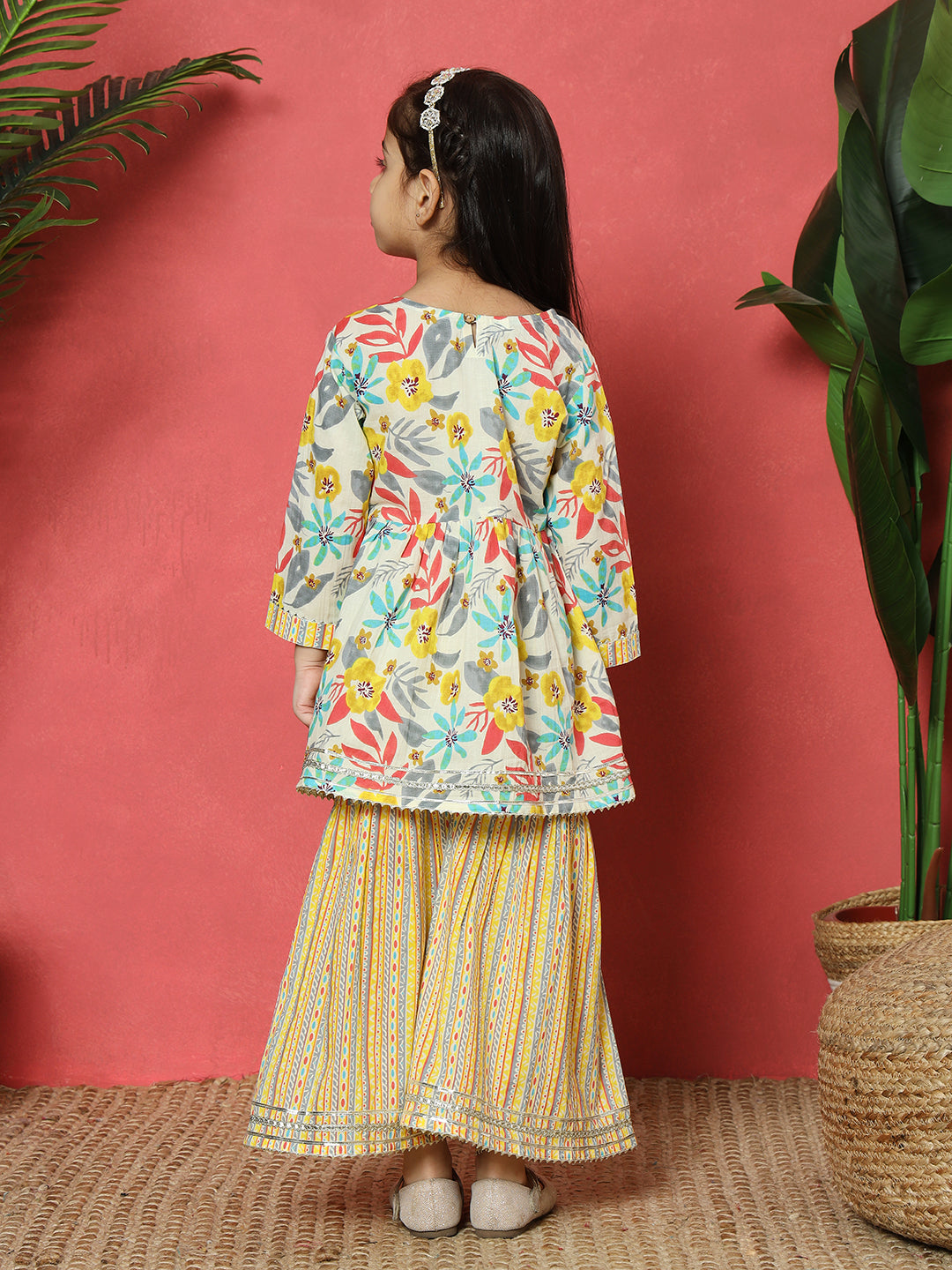 Frock Style Cotton Fabric Yellow Color Floral Printed Kurti And Sharara With Gotta Lace Work