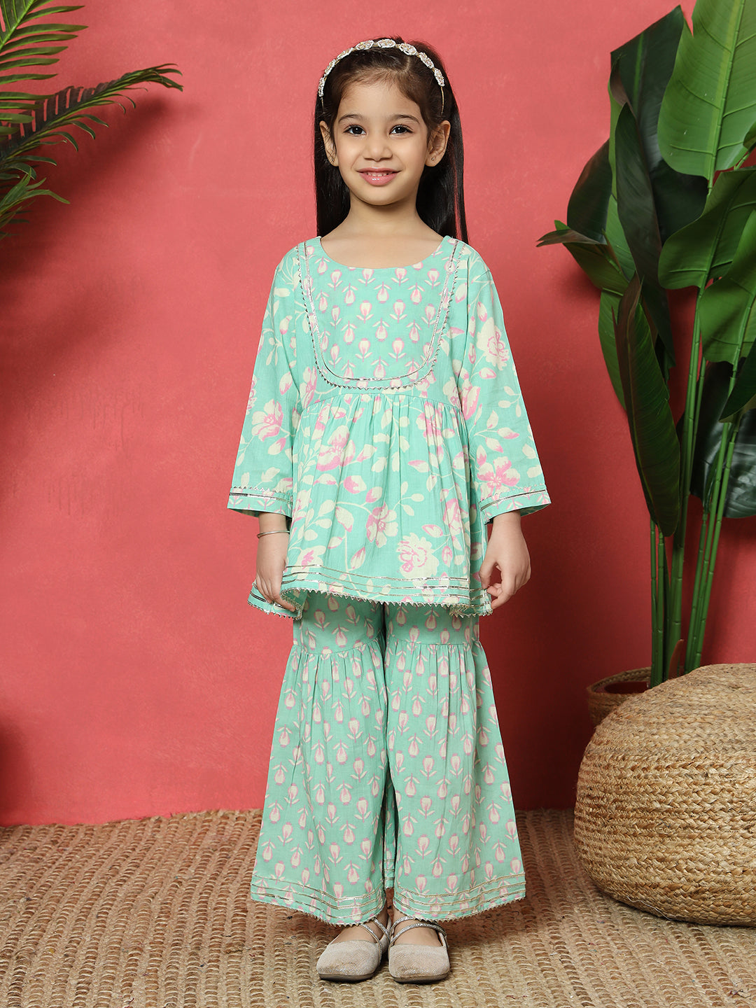 Frock Style Cotton Fabric Sea Green Color Floral Printed Kurti And Sharara With Gotta Lace Work
