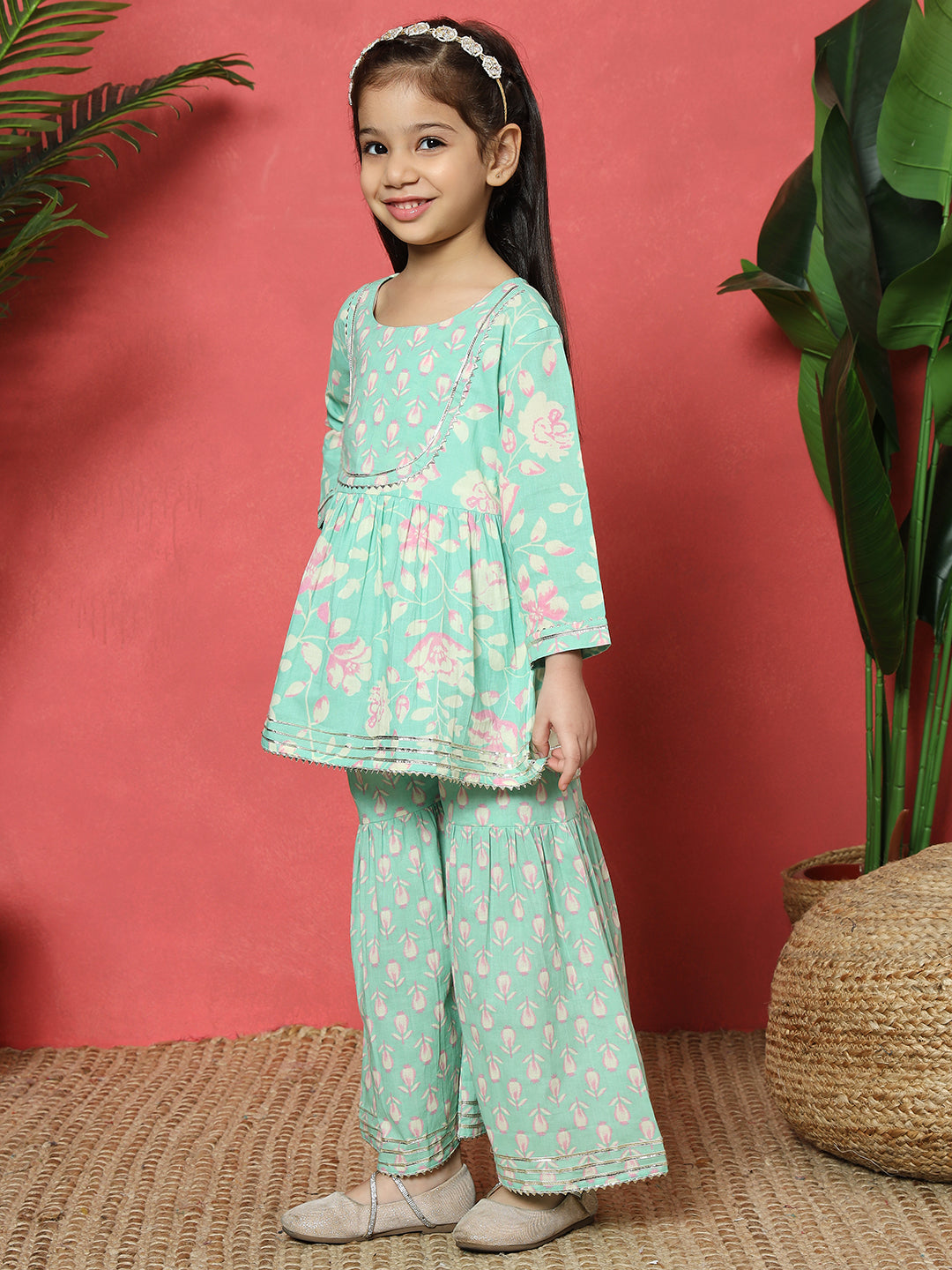 Frock Style Cotton Fabric Sea Green Color Floral Printed Kurti And Sharara With Gotta Lace Work