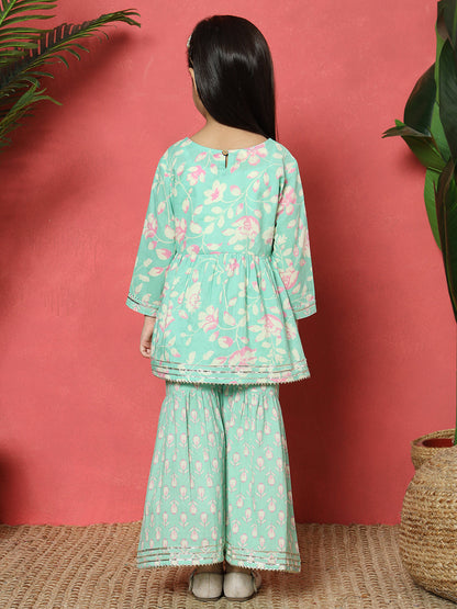 Frock Style Cotton Fabric Sea Green Color Floral Printed Kurti And Sharara With Gotta Lace Work