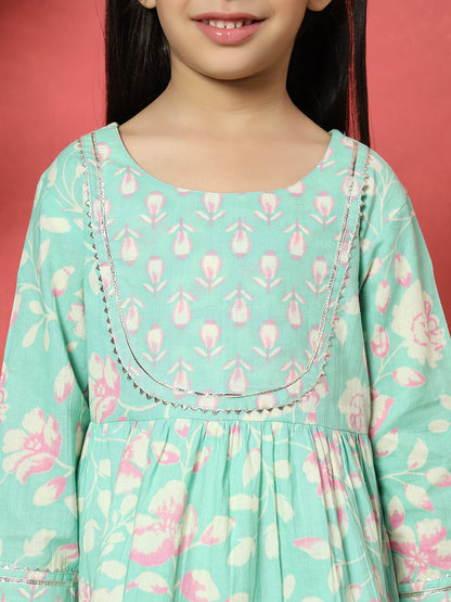 Frock Style Cotton Fabric Sea Green Color Floral Printed Kurti And Sharara With Gotta Lace Work