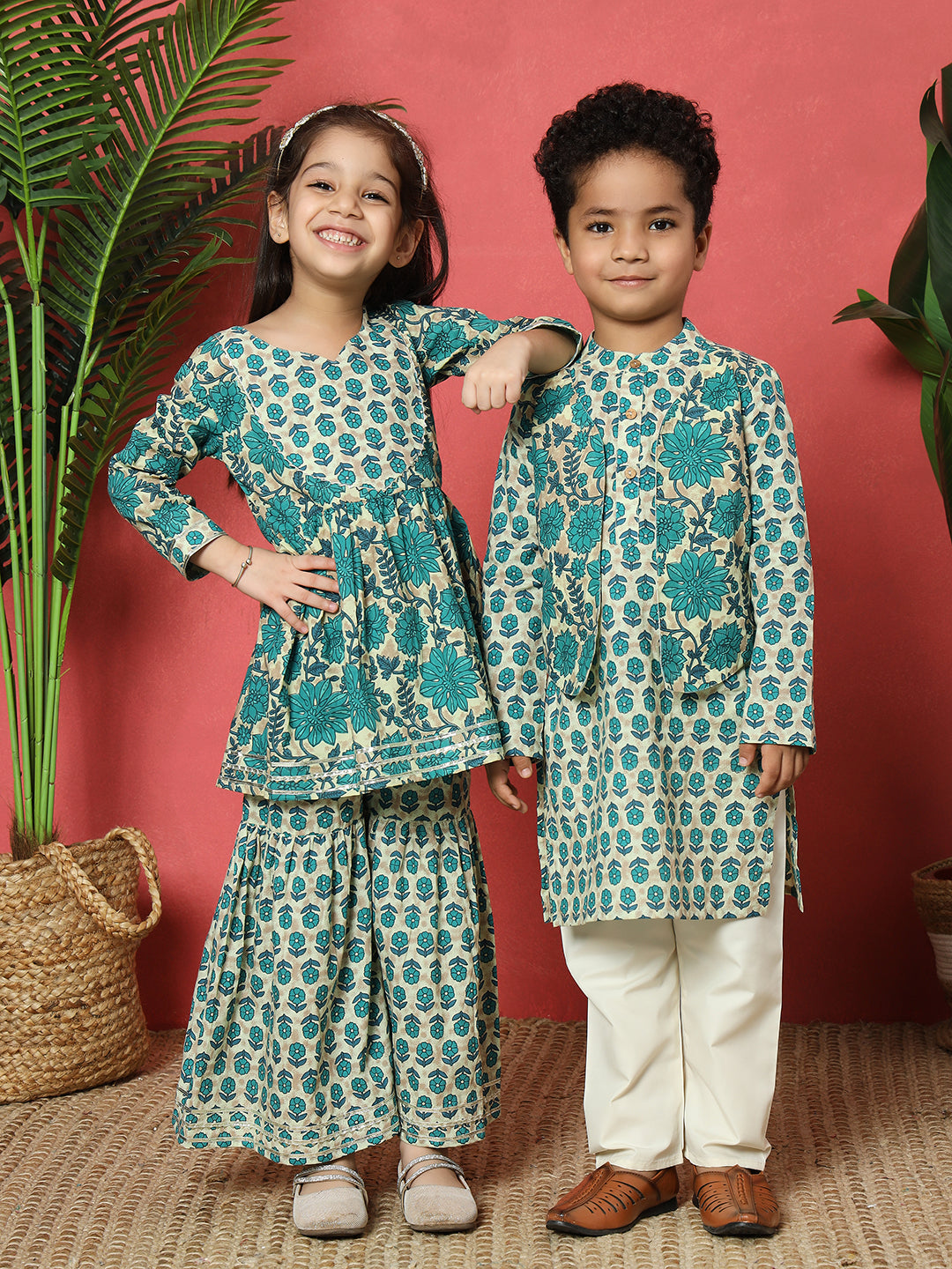 Frock Style Cotton Fabric Turquoise Blue Color Floral Printed Kurti And Sharara With Gotta Lace Work