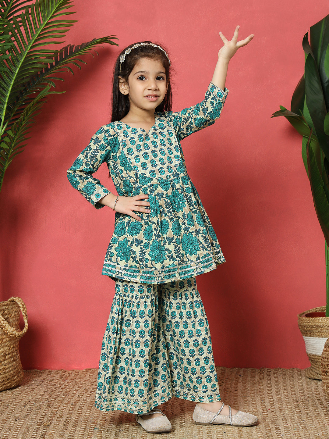 Frock Style Cotton Fabric Turquoise Blue Color Floral Printed Kurti And Sharara With Gotta Lace Work