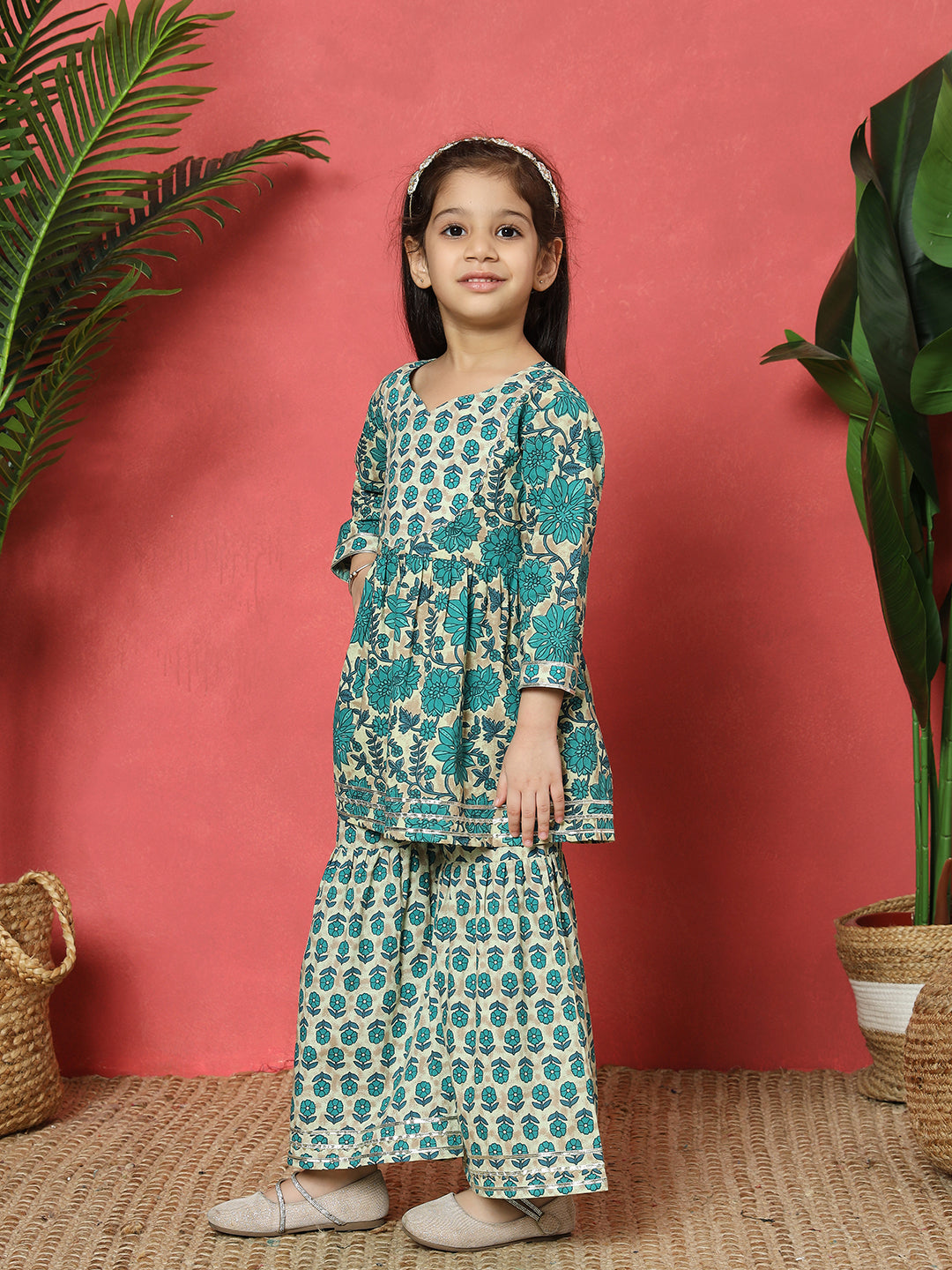 Frock Style Cotton Fabric Turquoise Blue Color Floral Printed Kurti And Sharara With Gotta Lace Work