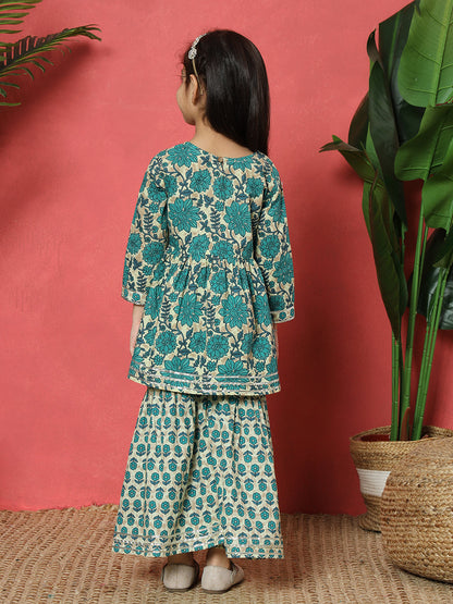 Frock Style Cotton Fabric Turquoise Blue Color Floral Printed Kurti And Sharara With Gotta Lace Work
