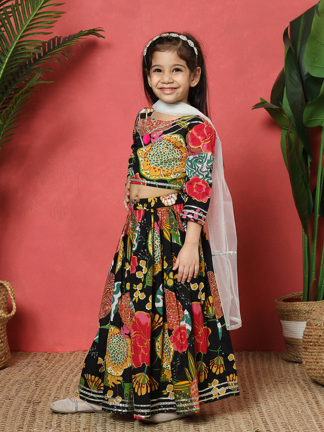 Straight Style Cotton Fabric Black Color Printed Lehenga Choli With Gotta Lace Work With Net Fabric Dupatta