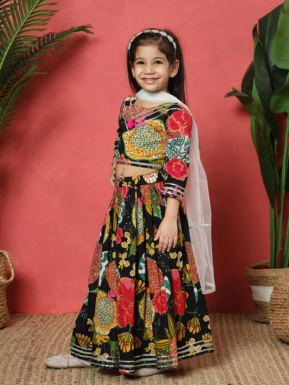 Straight Style Cotton Fabric Black Color Printed Lehenga Choli With Gotta Lace Work With Net Fabric Dupatta