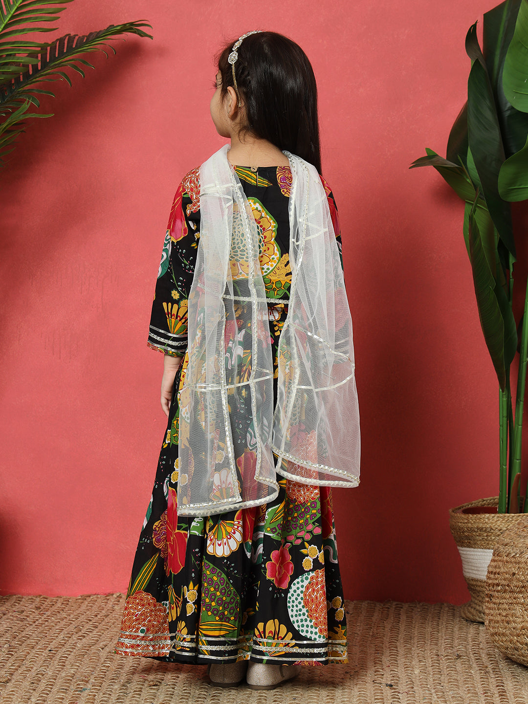 Straight Style Cotton Fabric Black Color Printed Lehenga Choli With Gotta Lace Work With Net Fabric Dupatta
