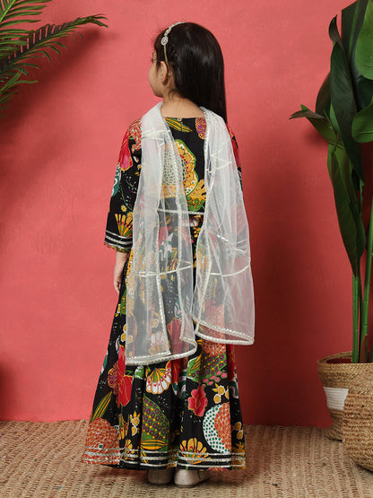 Straight Style Cotton Fabric Black Color Printed Lehenga Choli With Gotta Lace Work With Net Fabric Dupatta