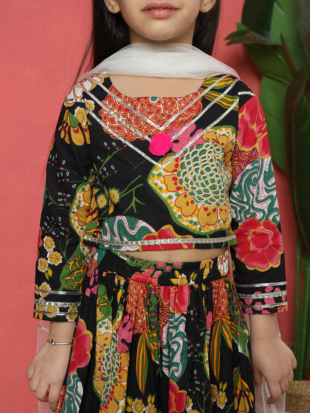 Straight Style Cotton Fabric Black Color Printed Lehenga Choli With Gotta Lace Work With Net Fabric Dupatta