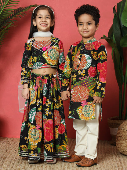 Straight Style Cotton Fabric Black Color Printed Lehenga Choli With Gotta Lace Work With Net Fabric Dupatta
