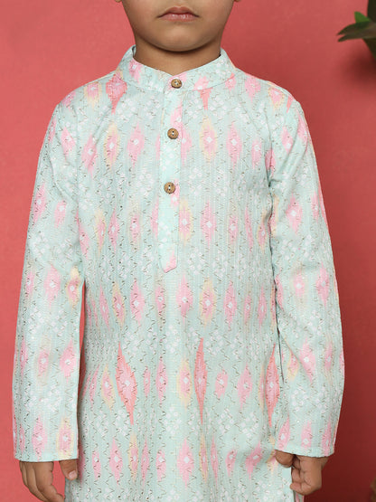 Boys Straight Style Cotton Fabric Green Color Embroidered Kurta With Pyjama