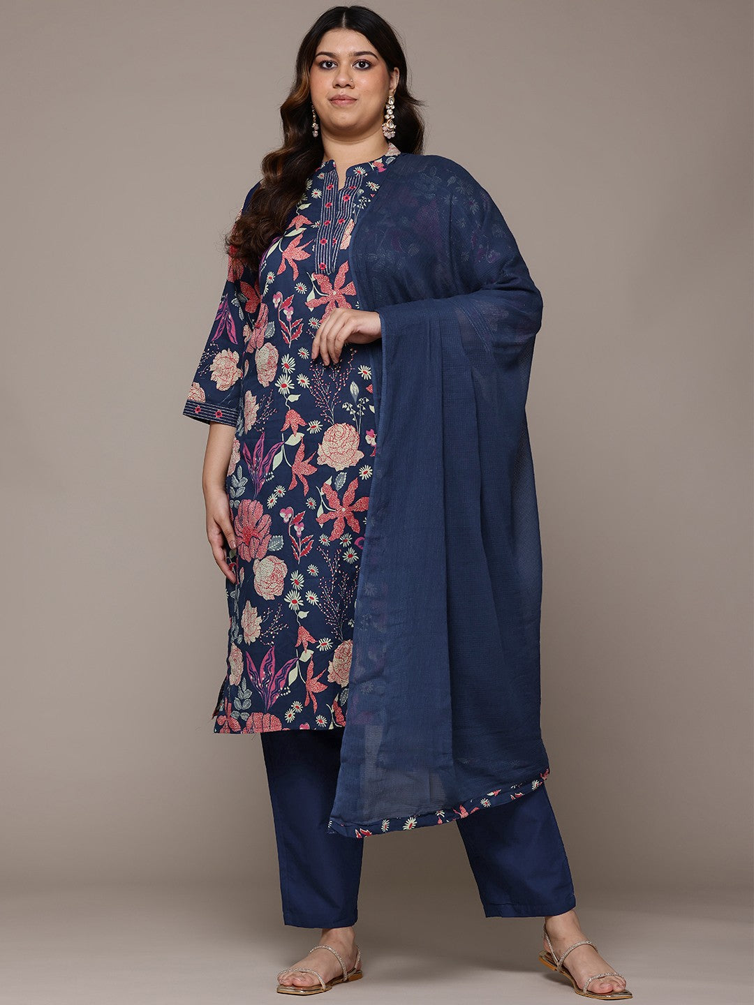 Straight Style Cotton Fabric Navy Blue Colour Kurta With Bottom And Dupatta