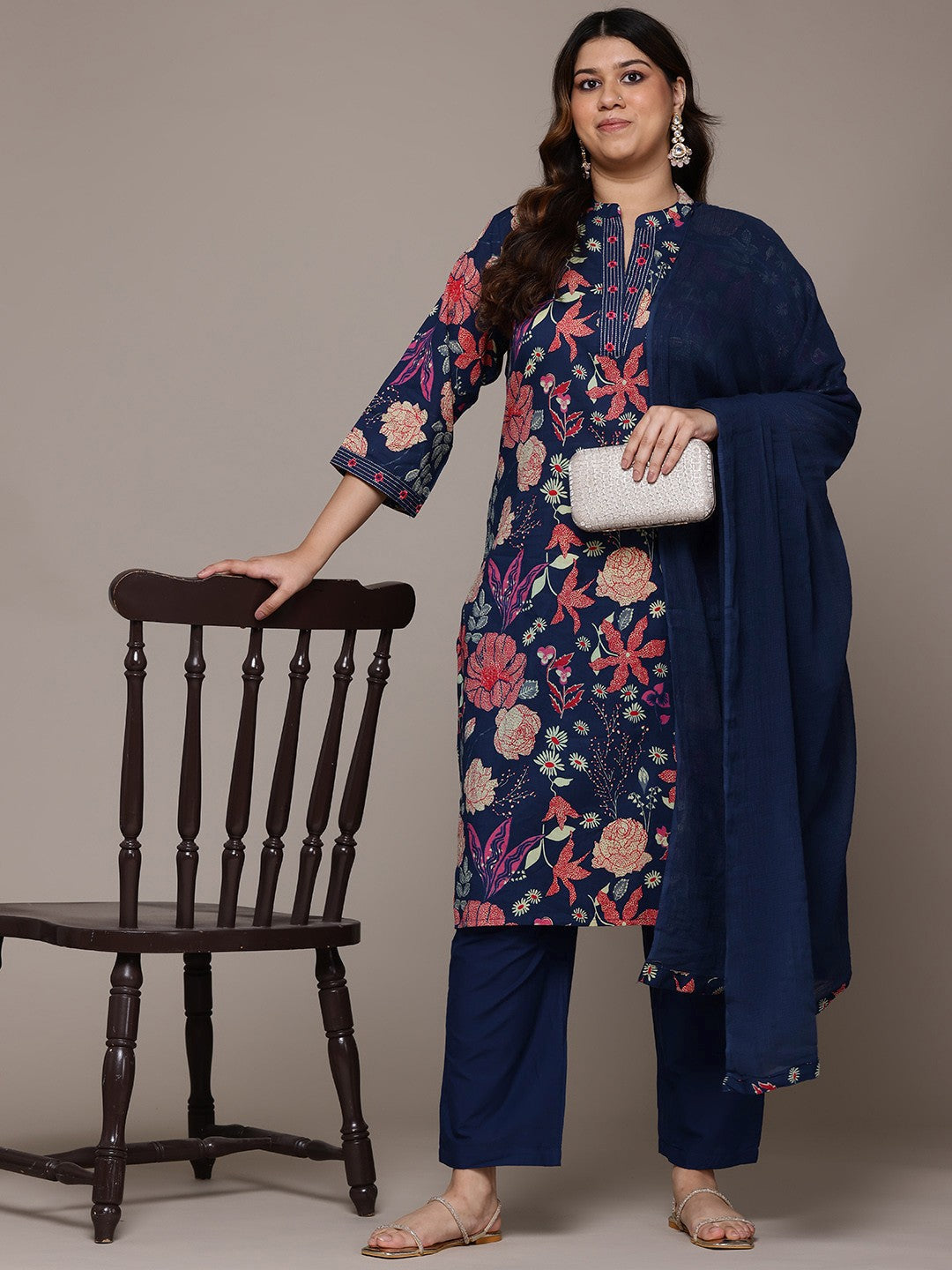 Straight Style Cotton Fabric Navy Blue Colour Kurta With Bottom And Dupatta