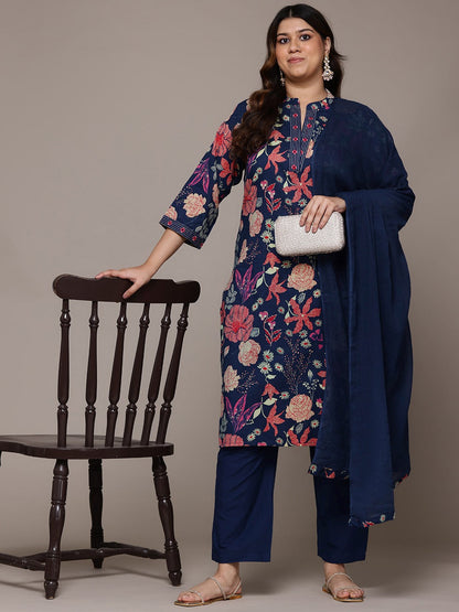 Straight Style Cotton Fabric Navy Blue Colour Kurta With Bottom And Dupatta