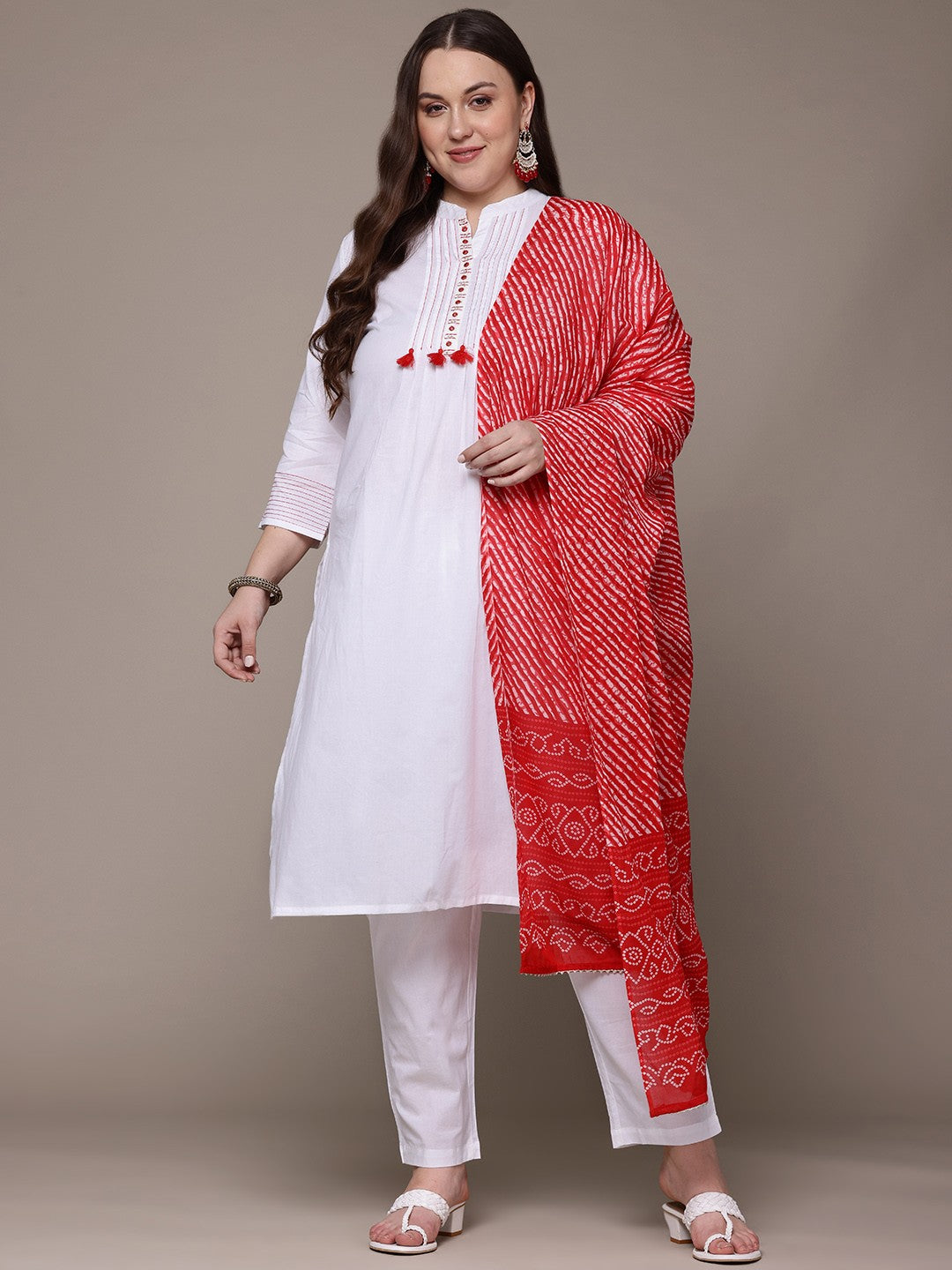 Straight Style Cotton Fabric White Colour Kurta With Bottom And Dupatta