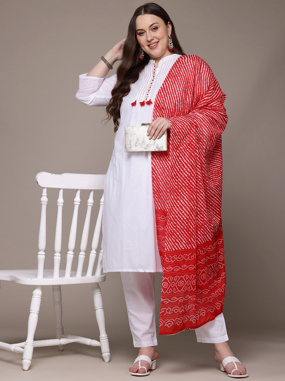 Straight Style Cotton Fabric White Colour Kurta With Bottom And Dupatta